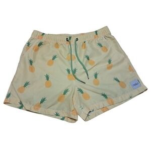 Nalu Mens Pineapple Print Swim Trunks Yellow Green Drawstring Mesh Lined Size‎ M